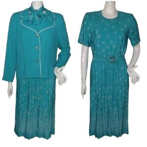 LESLIE FAY Dress Set, 10, 4pc, Turquoise, Geo Print, Jacket, Belt, scarf, Match